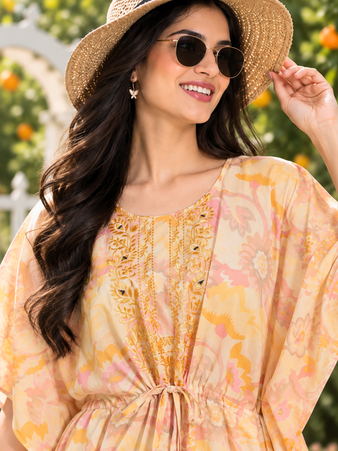 Golden Yellow Floral Cotton Kaftan Nighty for Women