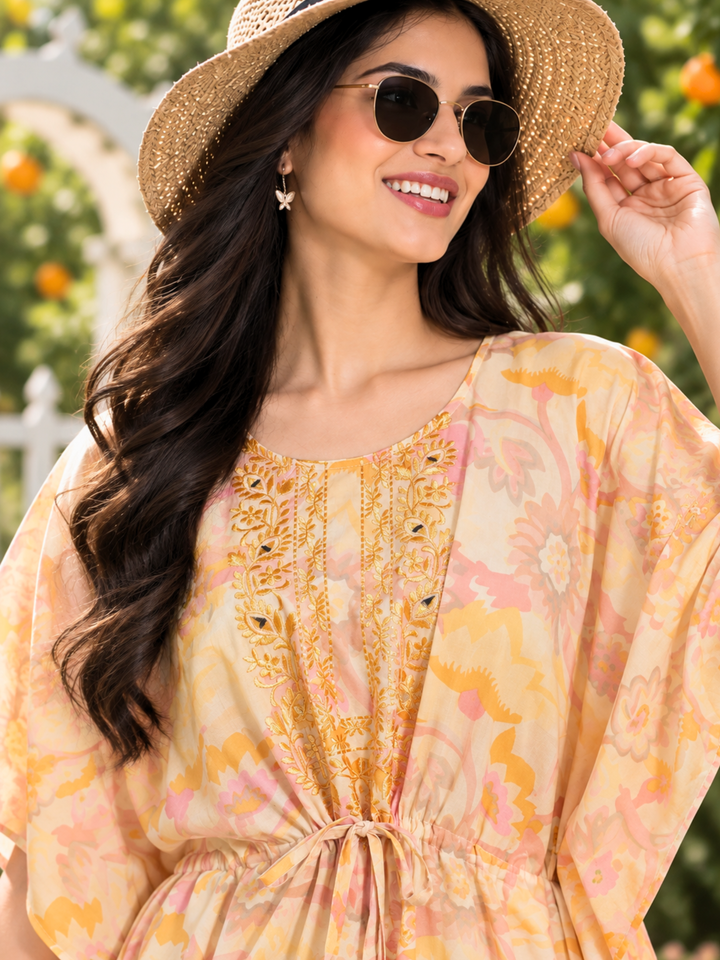 Golden Yellow Floral Cotton Kaftan Nighty for Women