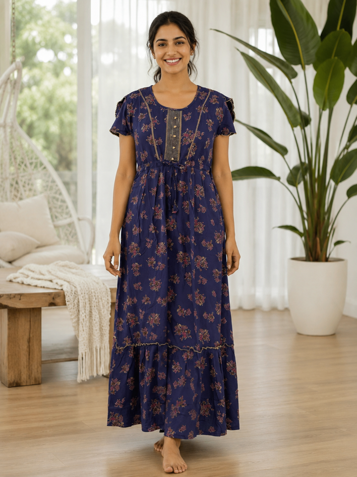 Blossom Azure Alpine Designer Nighty for Women Relaxed Frock Style