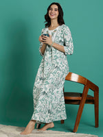 Green Pure Embroidered Cotton Nighty with 3/4 Sleeve