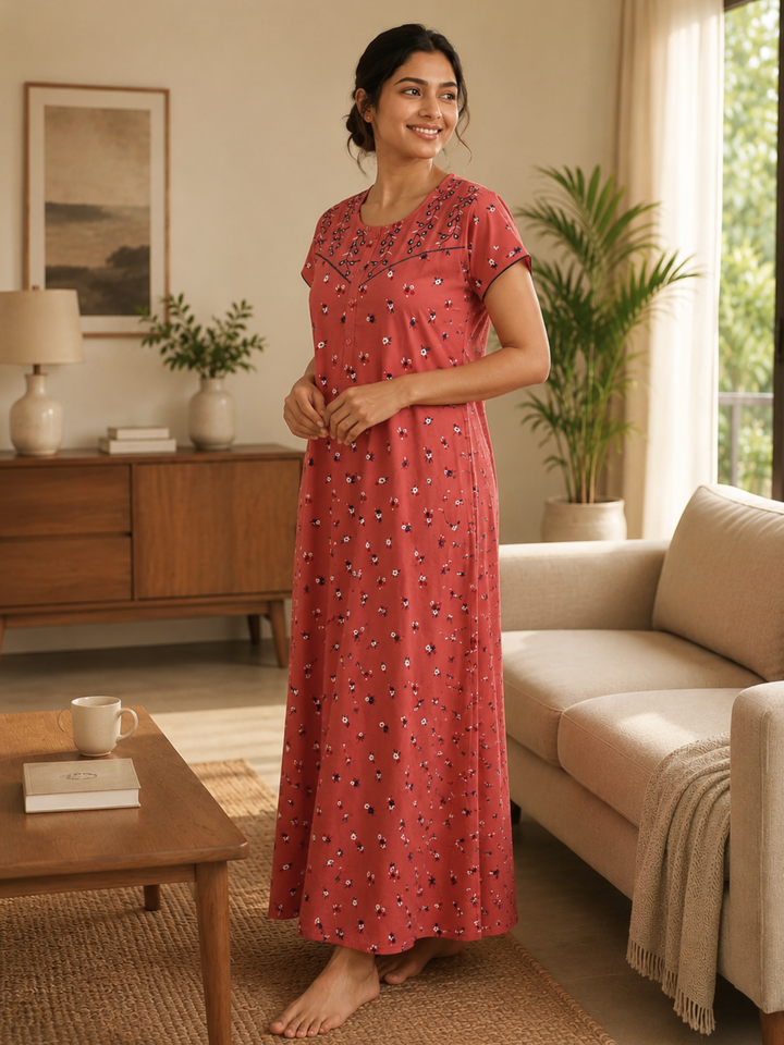 Dark Peach Floral Cotton Blend Designer Nighty for Women