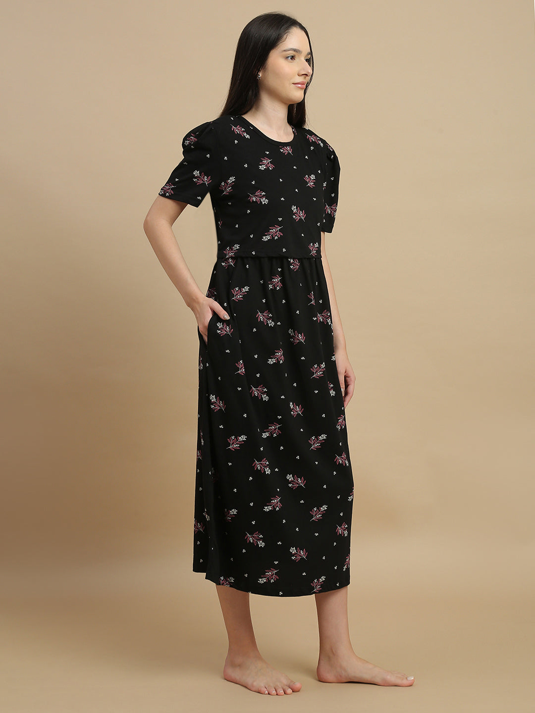 Midnight Blossom Floral Hosiery Cotton Short Maternity Nighty