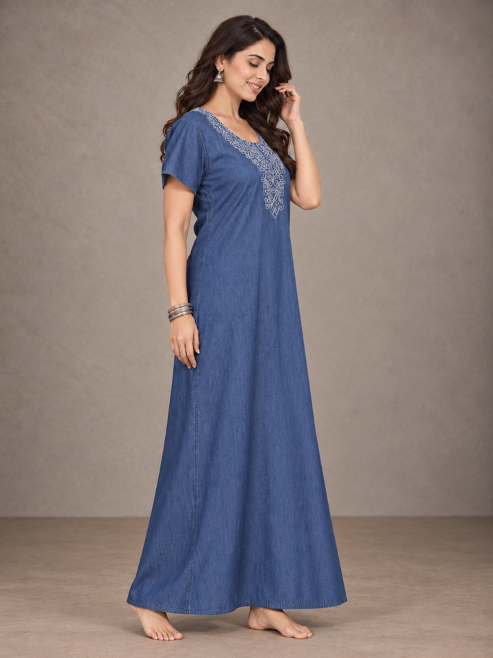 Denim Blue Embrace Embroidered Nighty - Luxurious Cotton Comfort