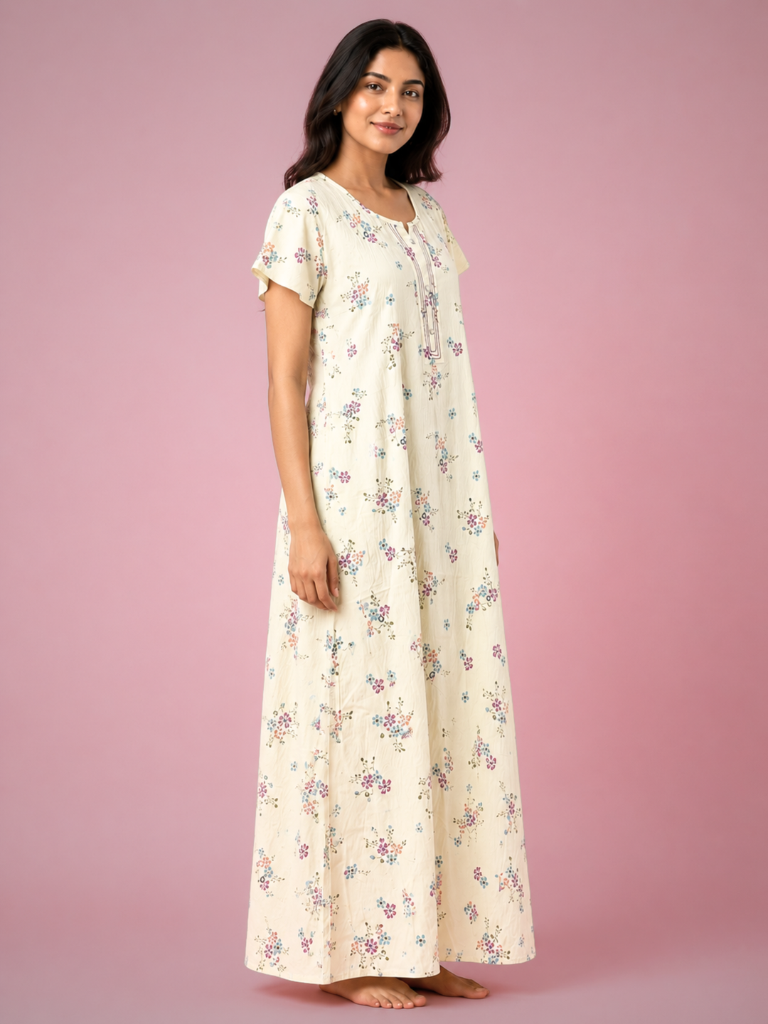 Meadow Yellow Floral Crush Cotton Nighty for Women Relaxed Fit