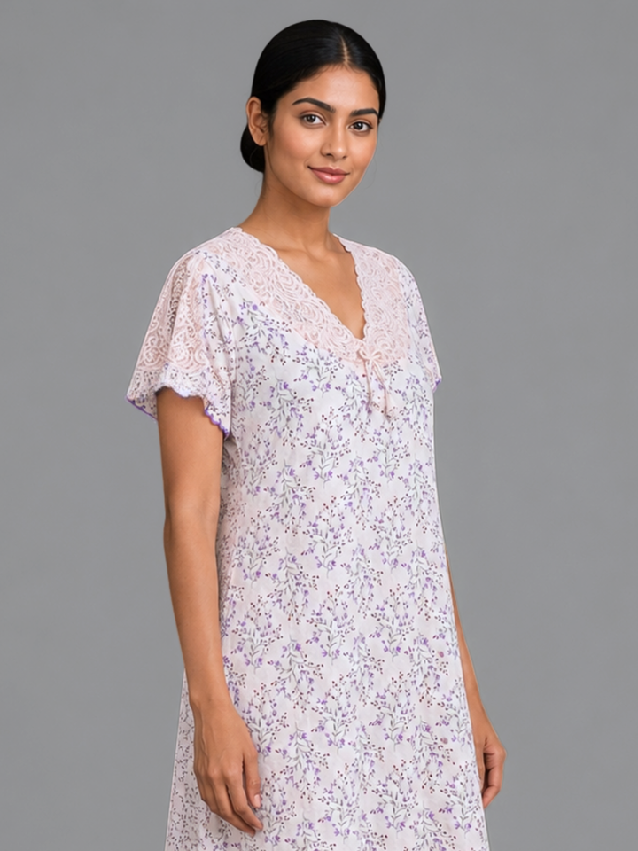 Floral Peach Designer Night Dress in Crush Cotton