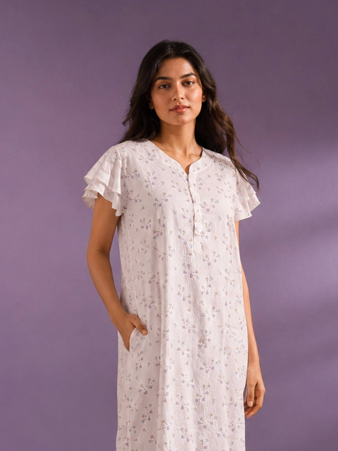 Pastel White Disty Floral Bamboo Feel Crush Cotton Nighty