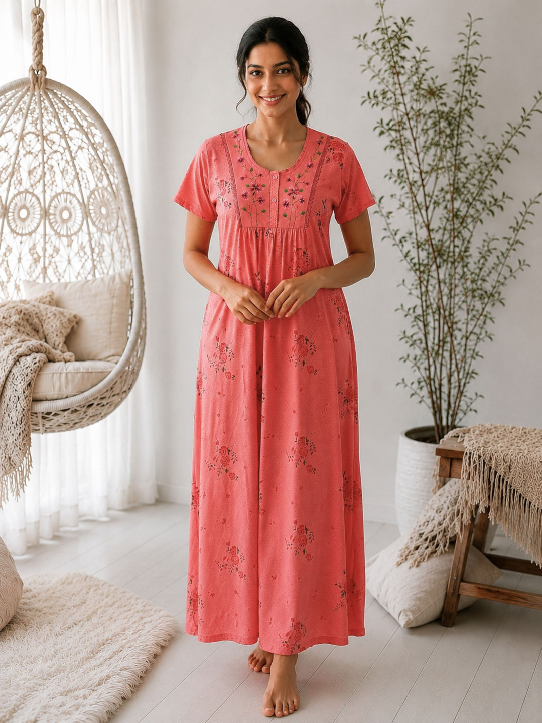 Ruby Cotton Blend Floral Embroidered Nighty for Women