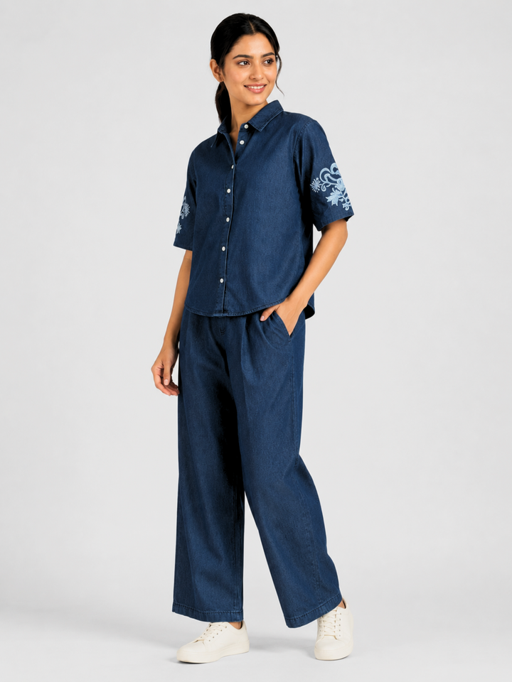 Dark Blue Denim Co Ord Set with Sleeve Embroidery for Women