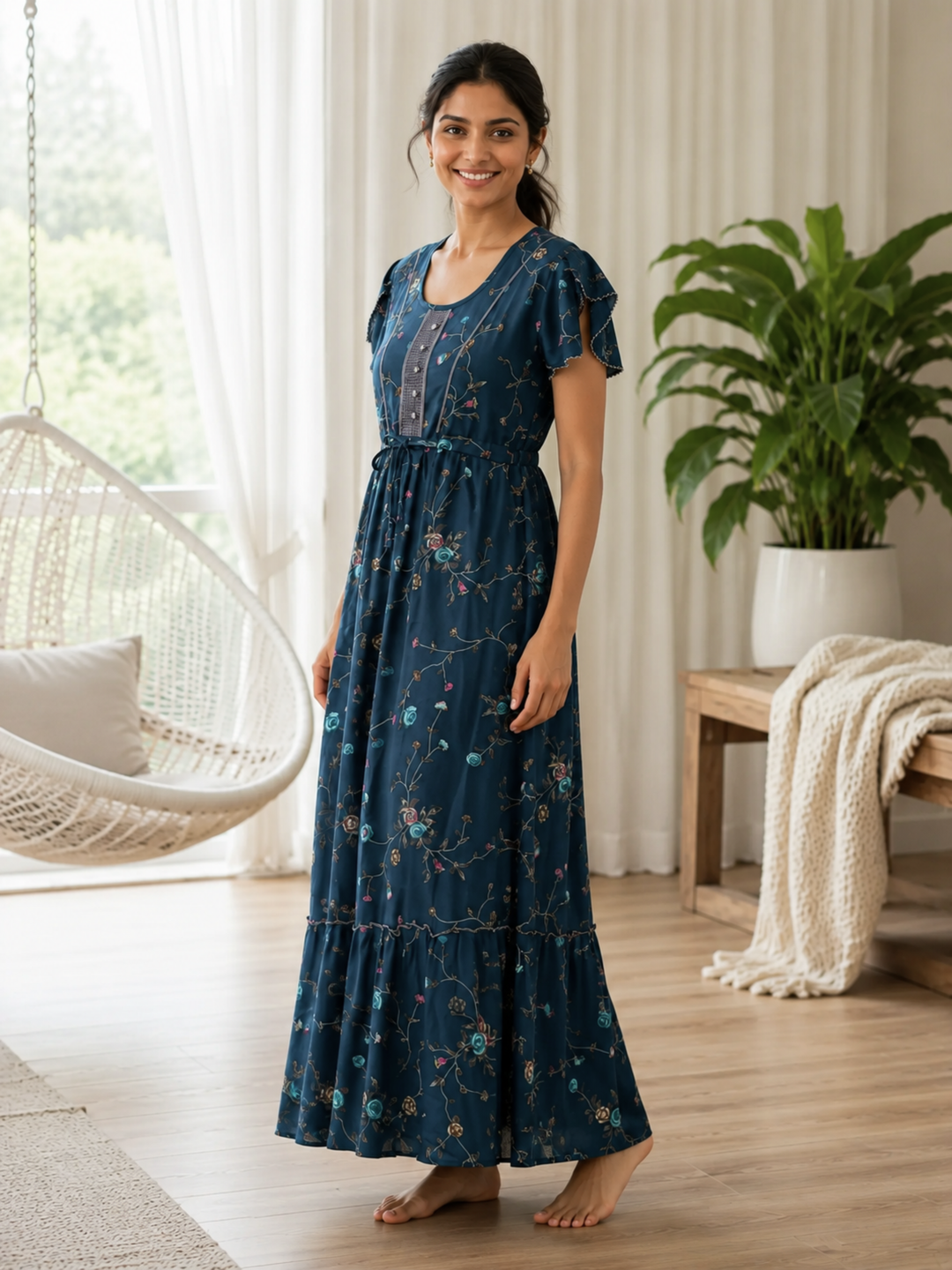 Floret Teal Alpine Designer Nighty for Women with Frock Fit