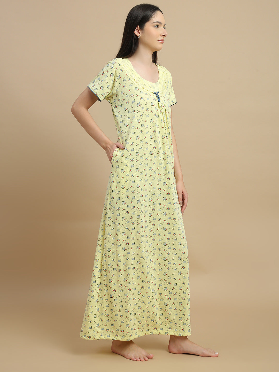 Yellow Floral Print Cotton Blend Designer Nighty for Women