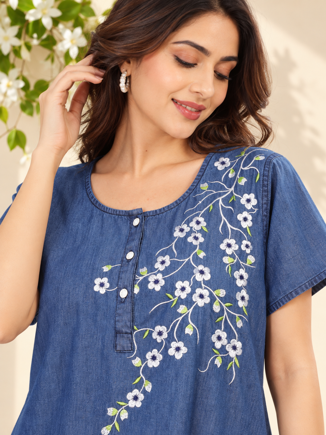 Soft Cotton Denim Blue Nighty with Floral Embroidery | Relaxed Fit