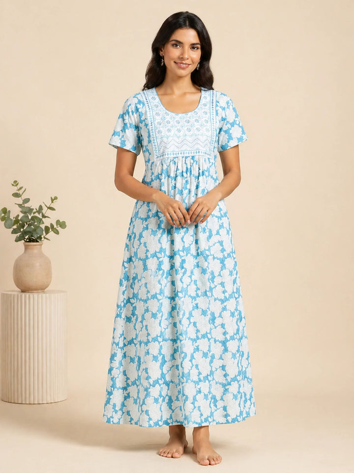 Ocean Breeze Pure Cotton Maxi Nighty with Floral Detailing