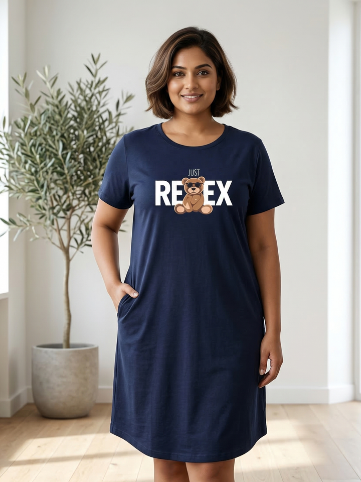 Dark Navy Cotton Nighty for Women Relaxed Fit Graphic Print
