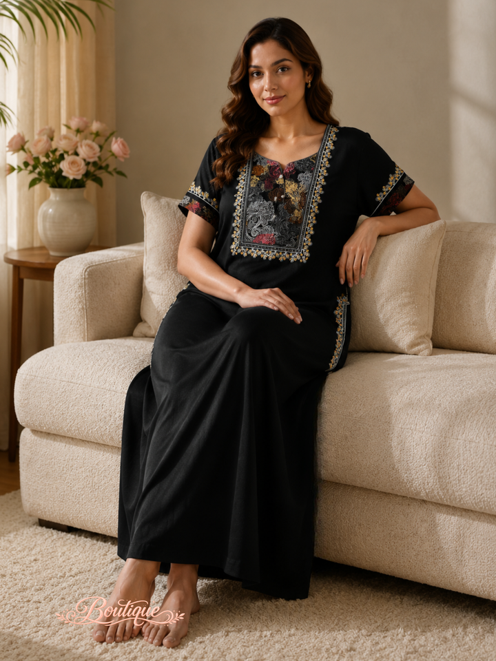 Regal Black Alpine Designer Nighty for Women with Embroidered A Line Fit