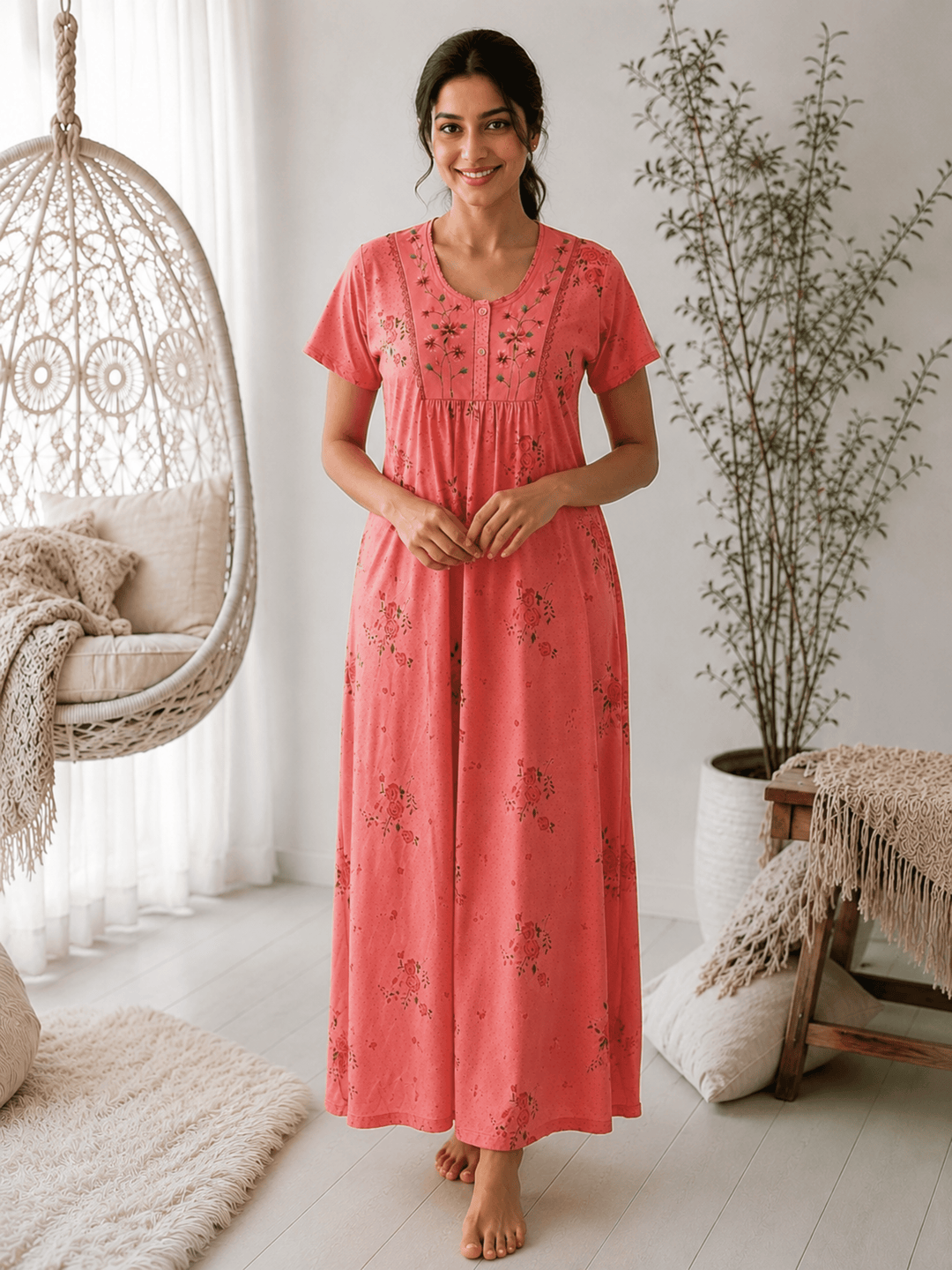 Ruby Cotton Blend Floral Embroidered Nighty for Women