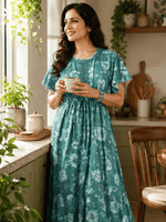 Aqua Lake Floral Alpine Nighty with Drawstring Waist & Side Pocket