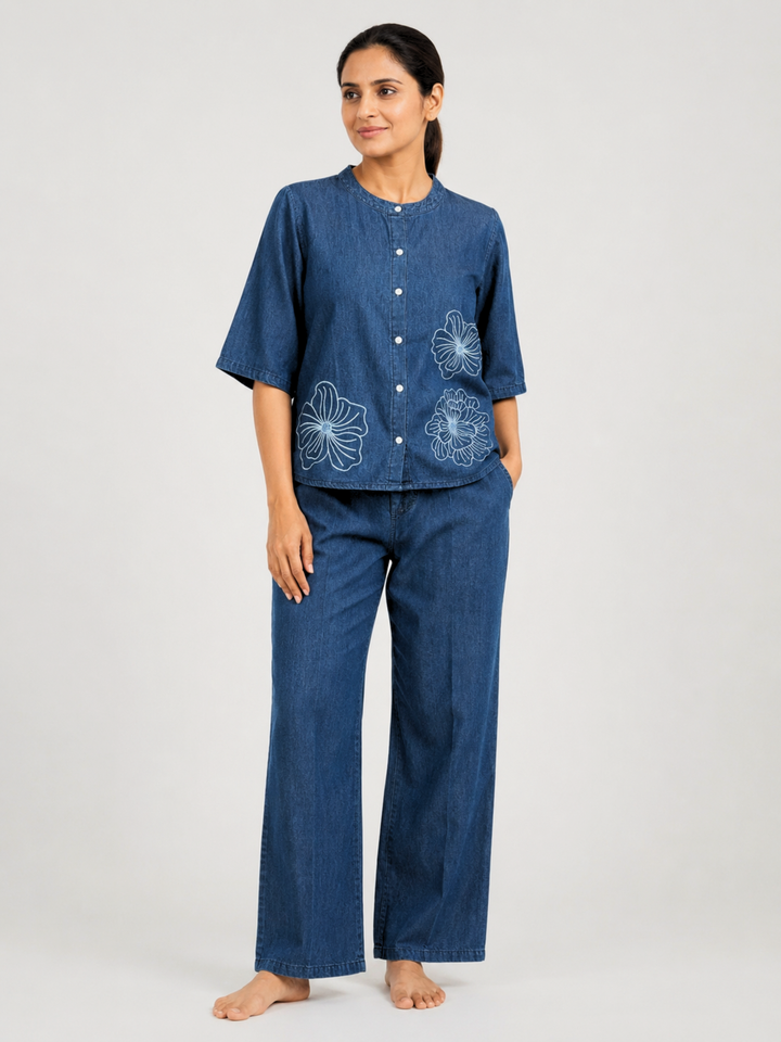 Denim Co Ord Set for Women with Floral Embroidery