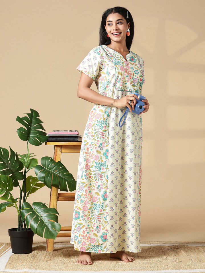 Light Yellow Floral Jaipuri 3xl Cotton Nighty with Pocket