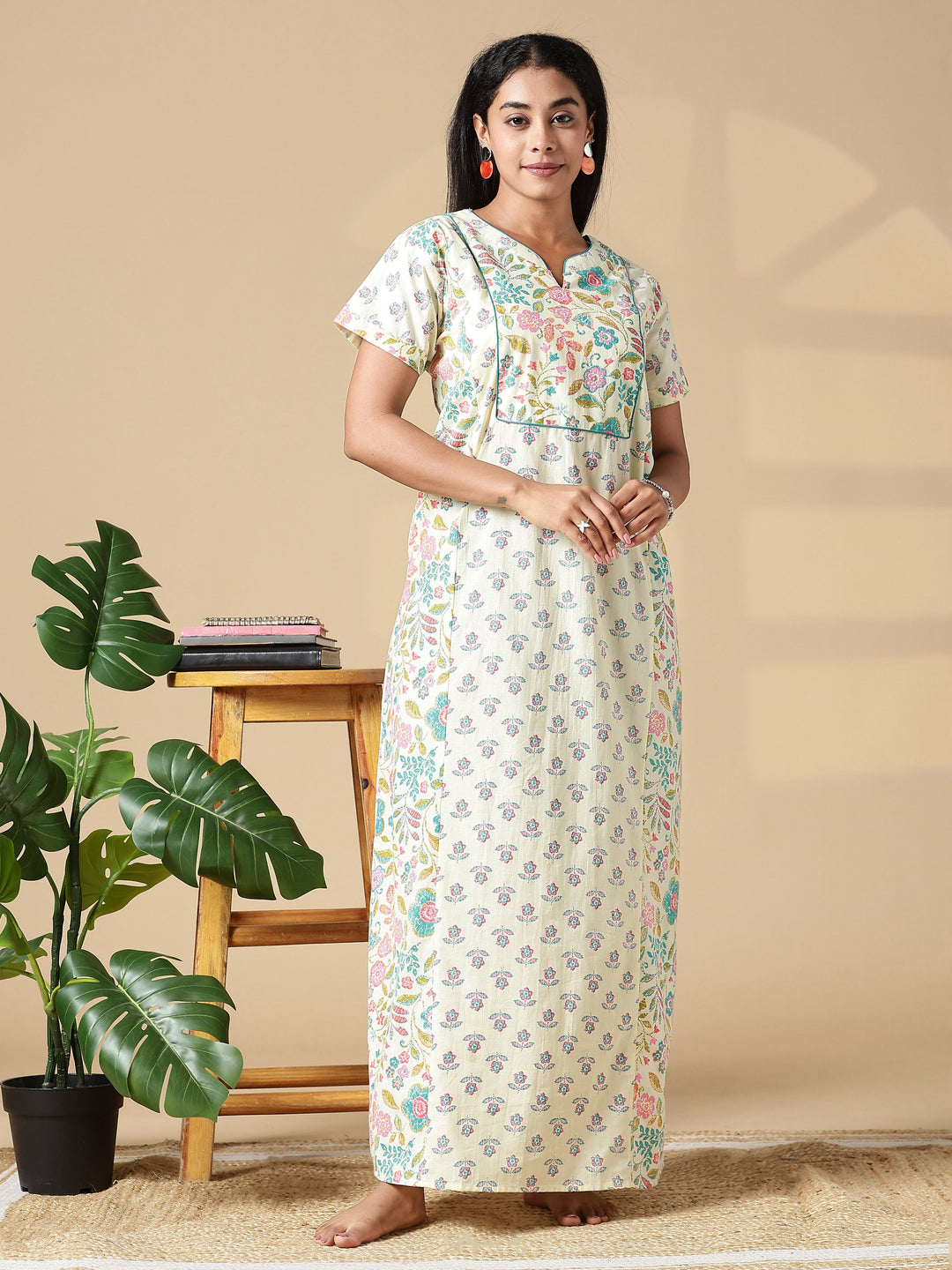 Light Yellow Floral Jaipuri 3xl Cotton Nighty with Pocket