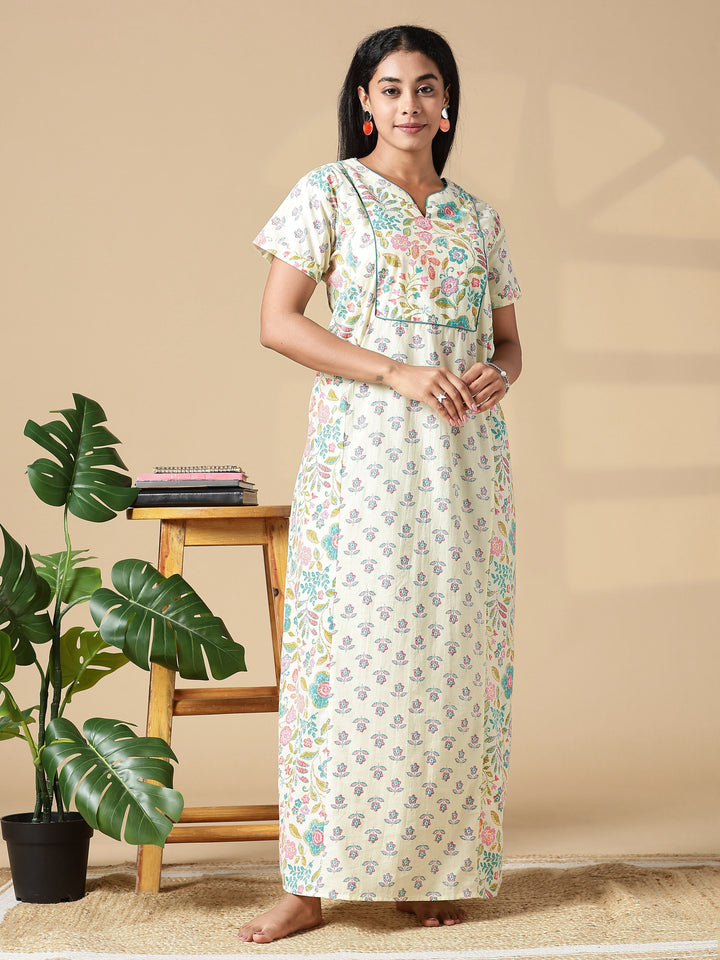 Light Yellow Floral Jaipuri 3xl Cotton Nighty with Pocket