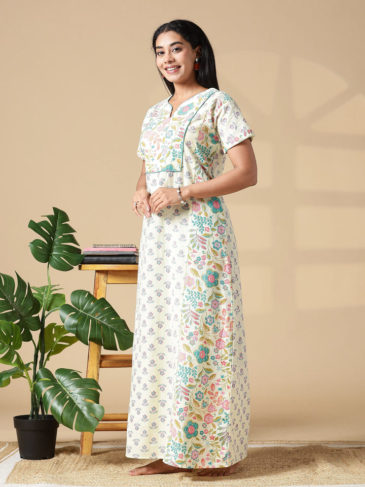Light Yellow Floral Jaipuri 3xl Cotton Nighty with Pocket