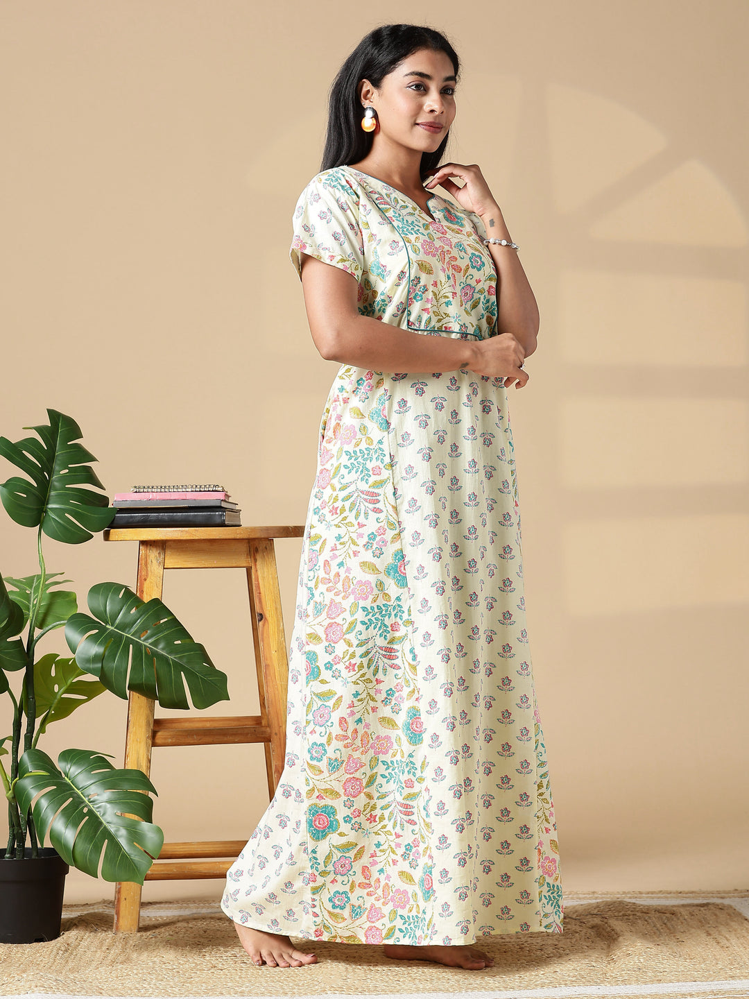 Light Yellow Floral Jaipuri 3xl Cotton Nighty with Pocket