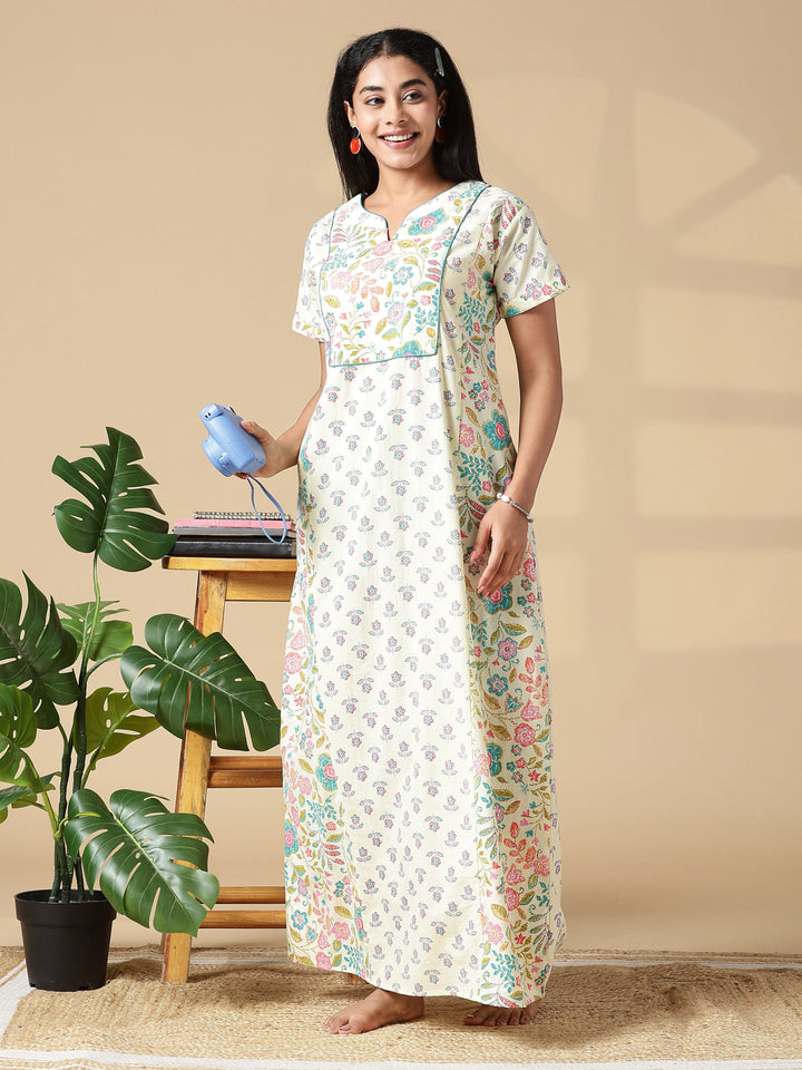 Light Yellow Floral Jaipuri 3xl Cotton Nighty with Pocket