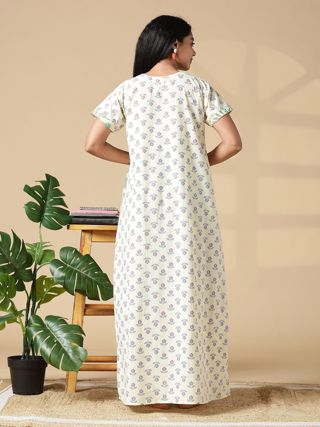 Light Yellow Floral Jaipuri 3xl Cotton Nighty with Pocket
