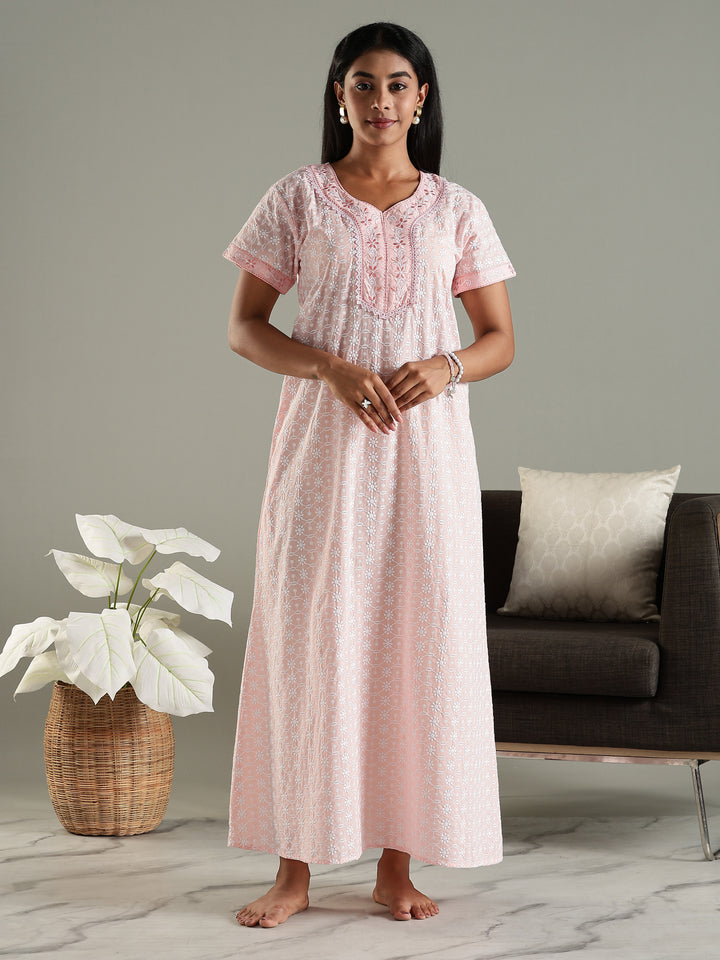 Cozy Pink Pure Cotton Chikankari 3xl Nighty for Women