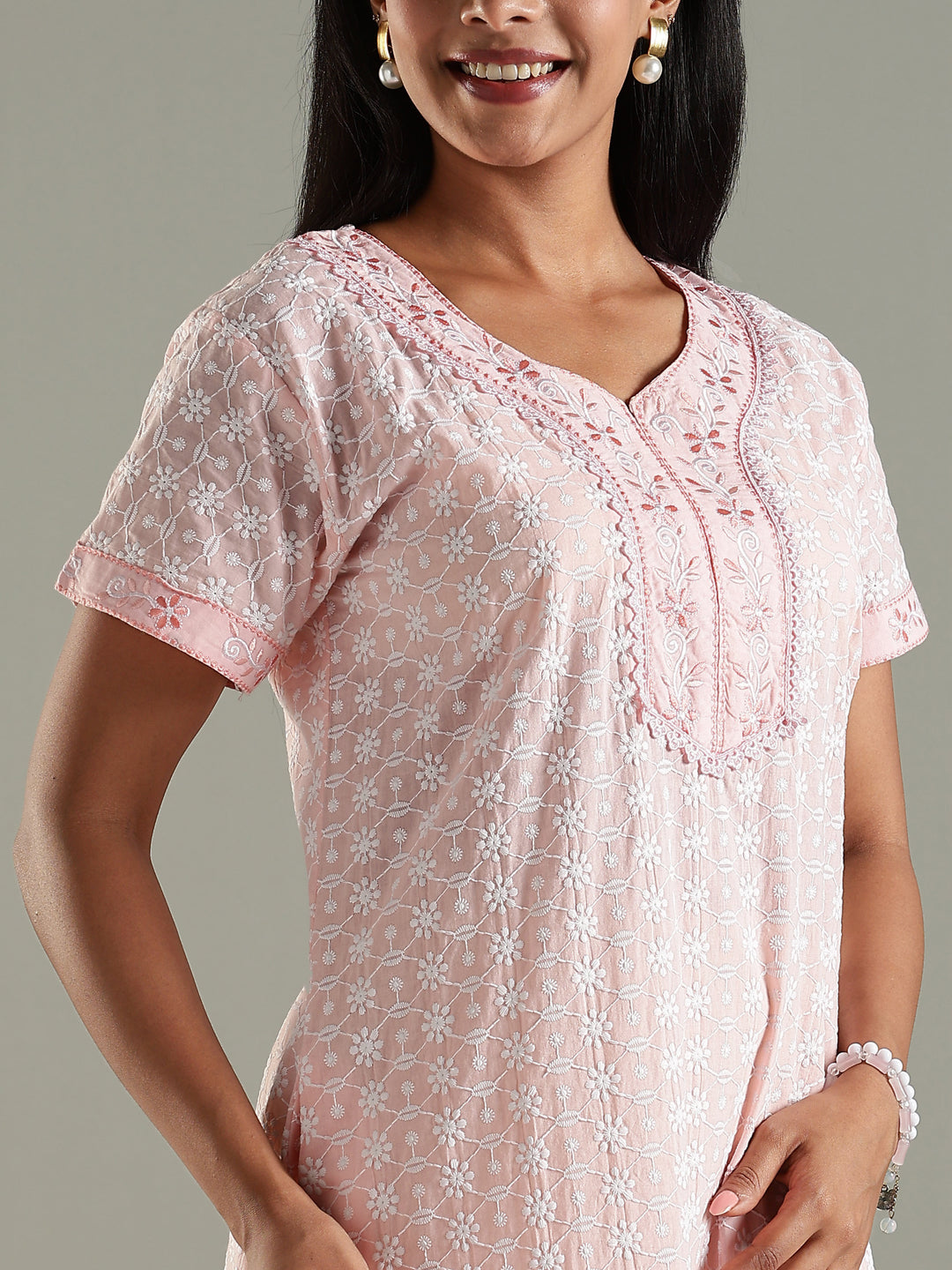 Cozy Pink Pure Cotton Chikankari 3xl Nighty for Women