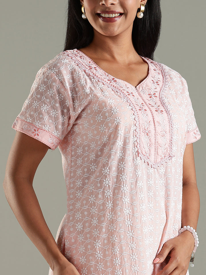 Cozy Pink Pure Cotton Chikankari 3xl Nighty for Women