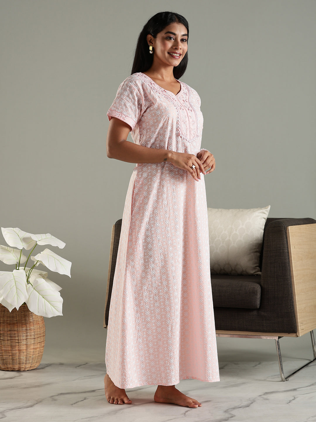 Cozy Pink Pure Cotton Chikankari 3xl Nighty for Women
