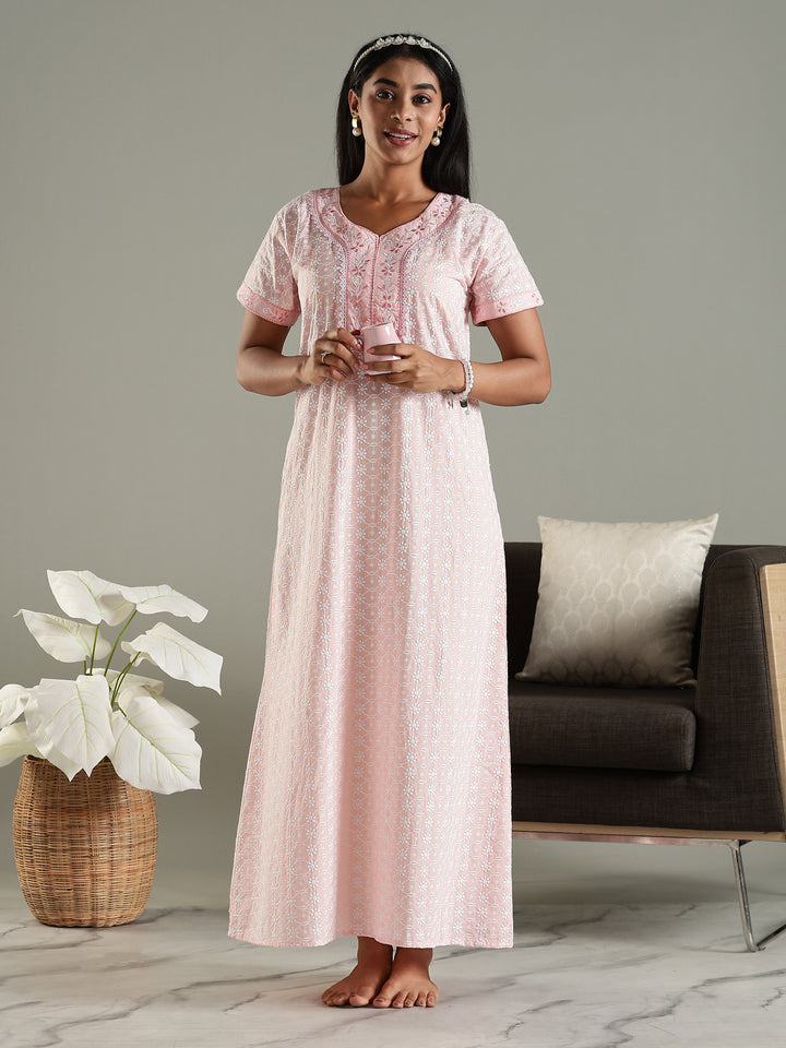 Cozy Pink Pure Cotton Chikankari 3xl Nighty for Women