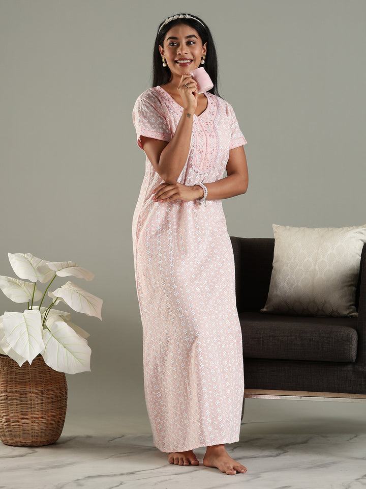 Cozy Pink Pure Cotton Chikankari 3xl Nighty for Women
