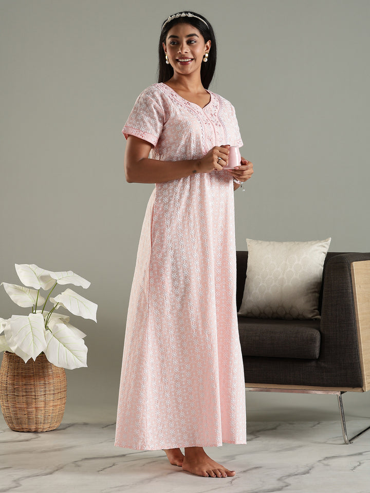 Cozy Pink Pure Cotton Chikankari 3xl Nighty for Women
