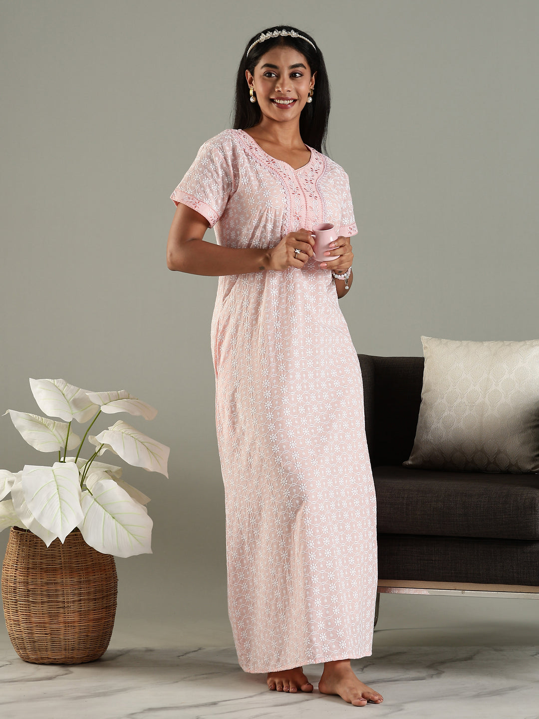 Cozy Pink Pure Cotton Chikankari 3xl Nighty for Women