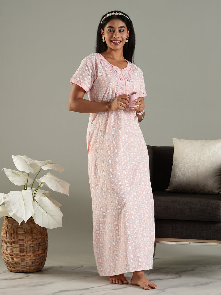 Cozy Pink Pure Cotton Chikankari 3xl Nighty for Women