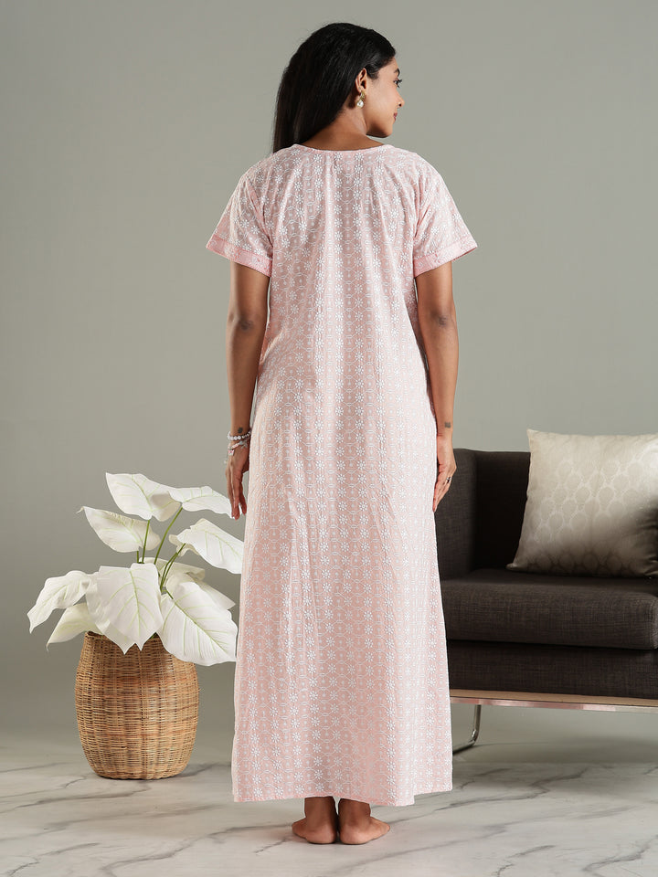 Cozy Pink Pure Cotton Chikankari 3xl Nighty for Women