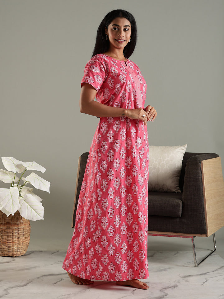 Pure cotton nighty for women with pocket In pink