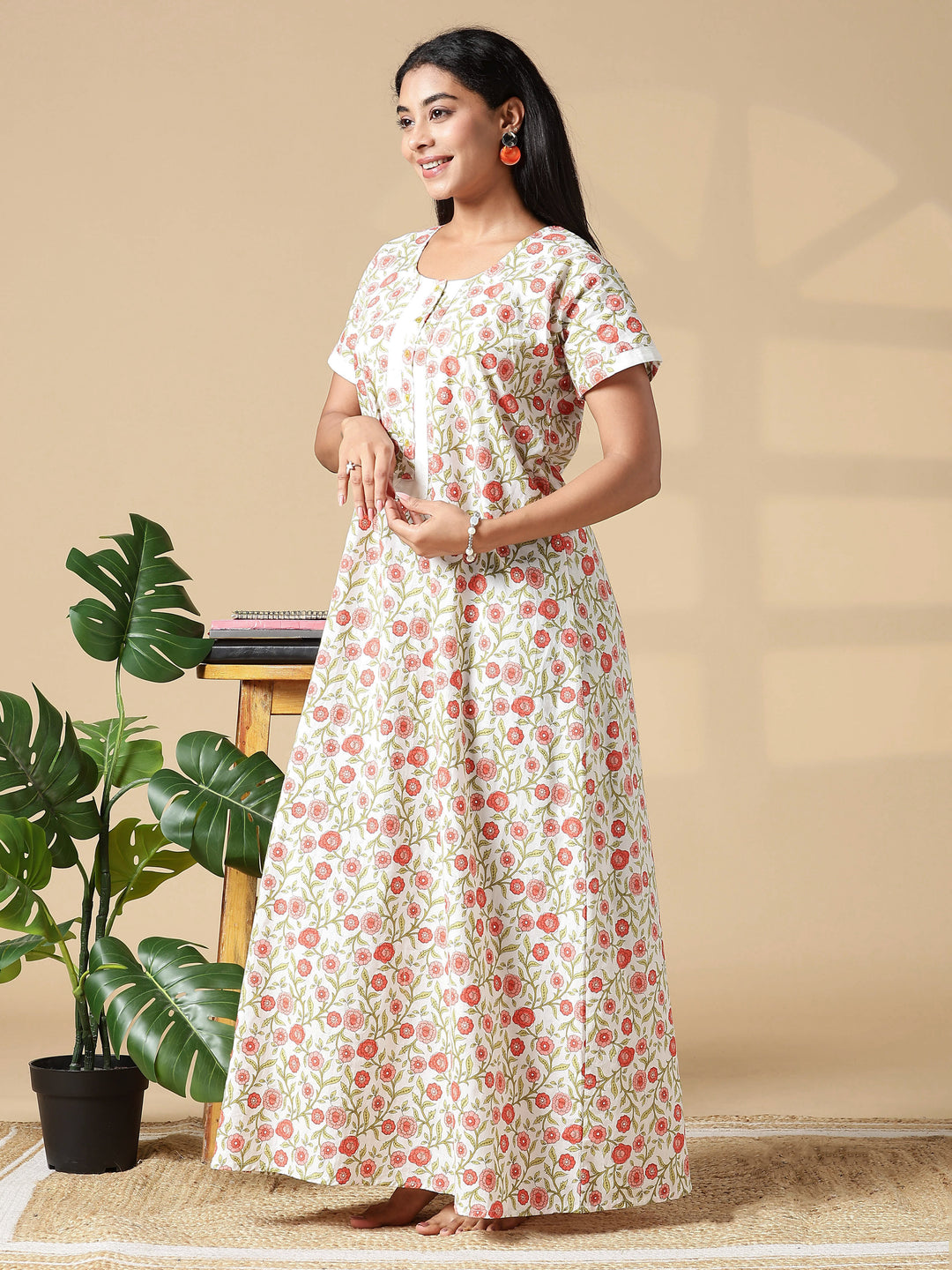 Peach Cream A-Line Pure Cotton Nighty for Women