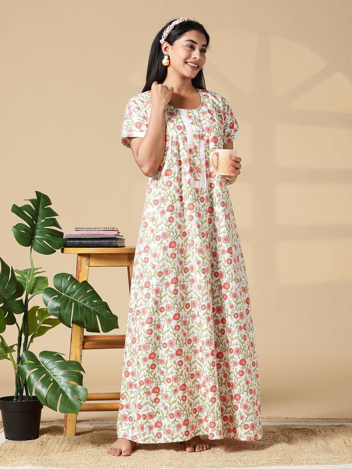 Peach Cream A-Line Pure Cotton Nighty for Women