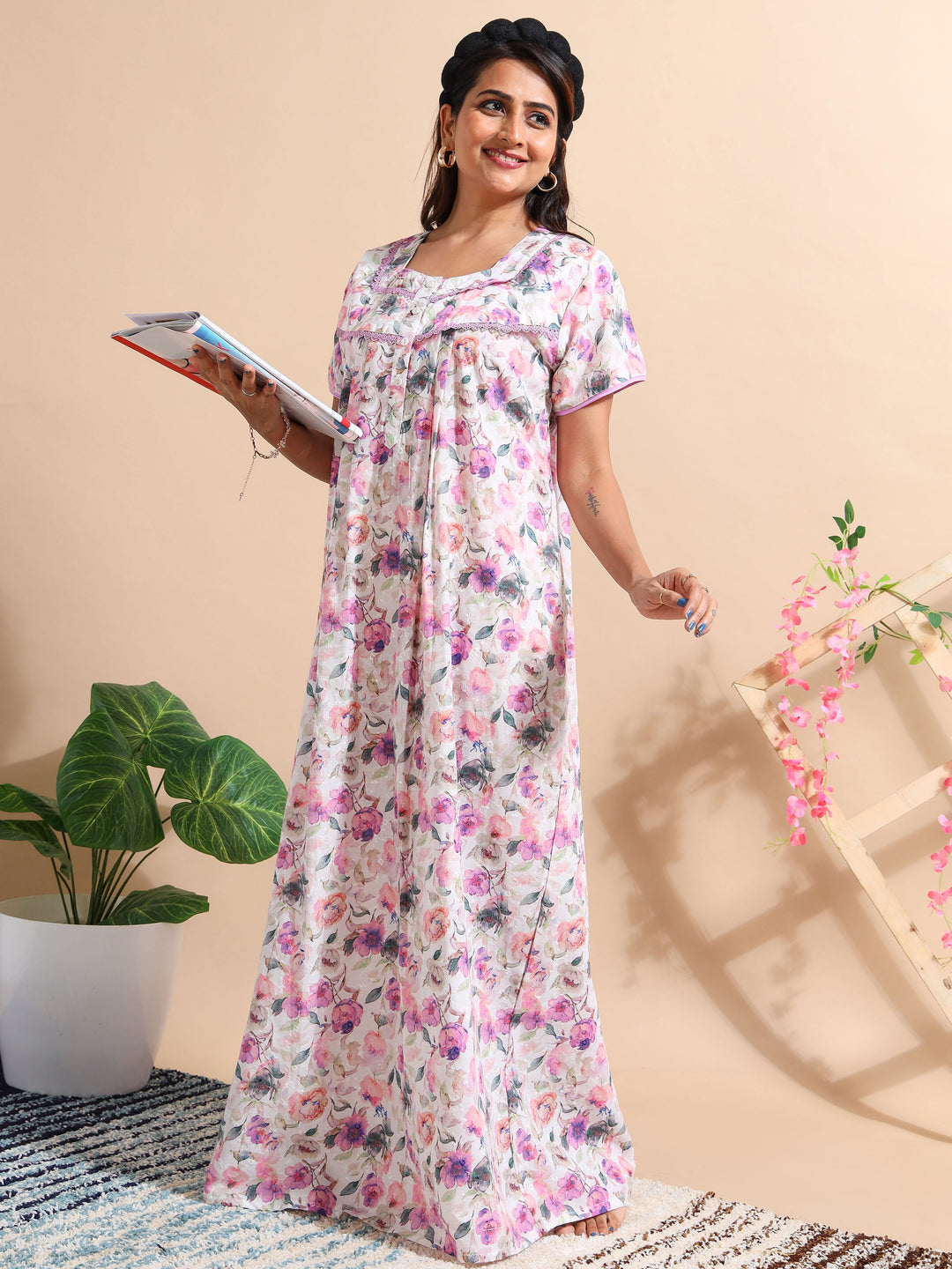 Purple Chikankari Pure Cotton Front Open Nighty for Women Cotton / XL/46 Purple Chikankari Pure Cotton Front Open Nighty for Women Cotton / XL/46