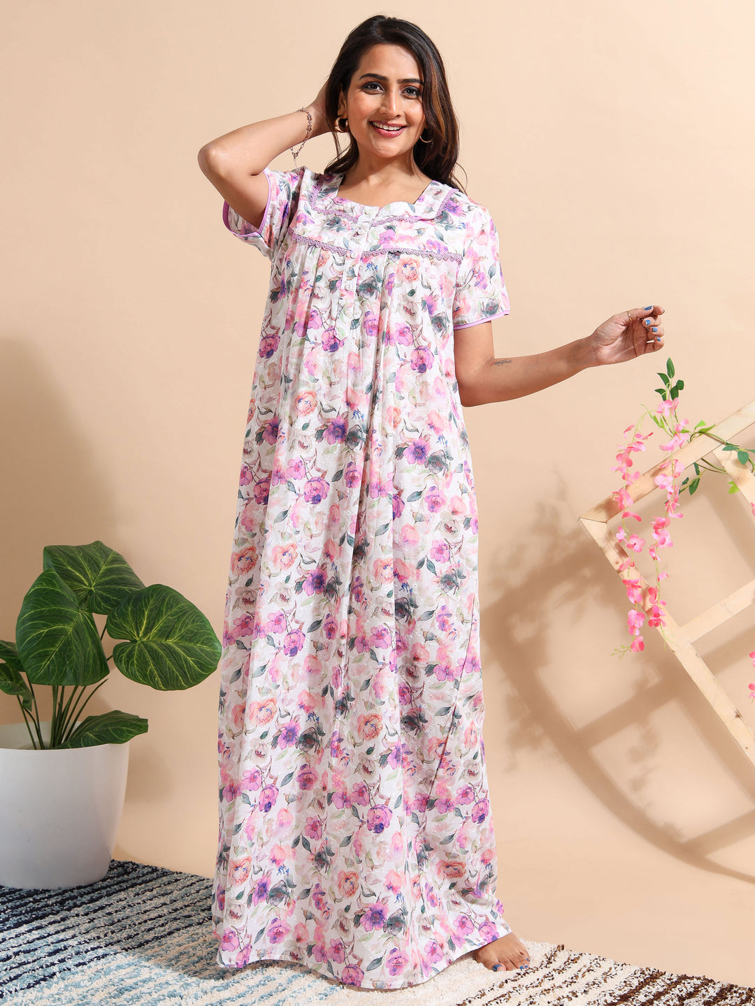 Purple Chikankari Pure Cotton Front Open Nighty for Women
