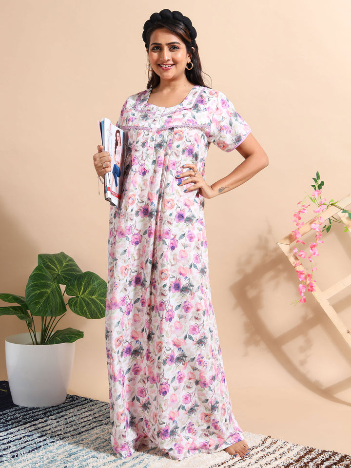 Purple Chikankari Pure Cotton Front Open Nighty for Women