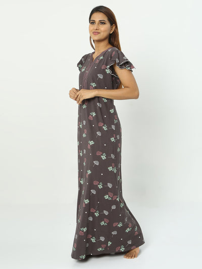 Hosiery Cotton Designer Maxi Nighty Brown