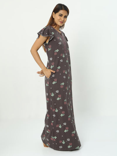 Hosiery Cotton Designer Maxi Nighty Brown