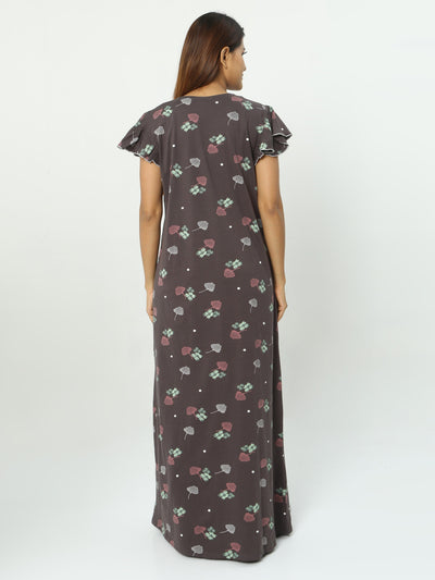 Hosiery Cotton Designer Maxi Nighty Brown