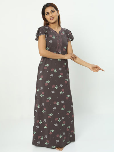 Hosiery Cotton Designer Maxi Nighty Brown