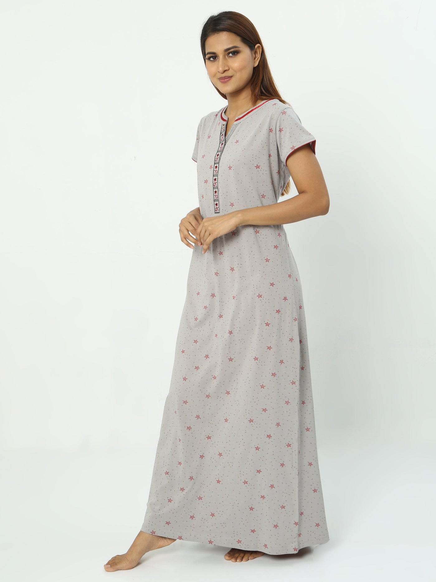 Hosiery Cotton Designer Nighty Grey