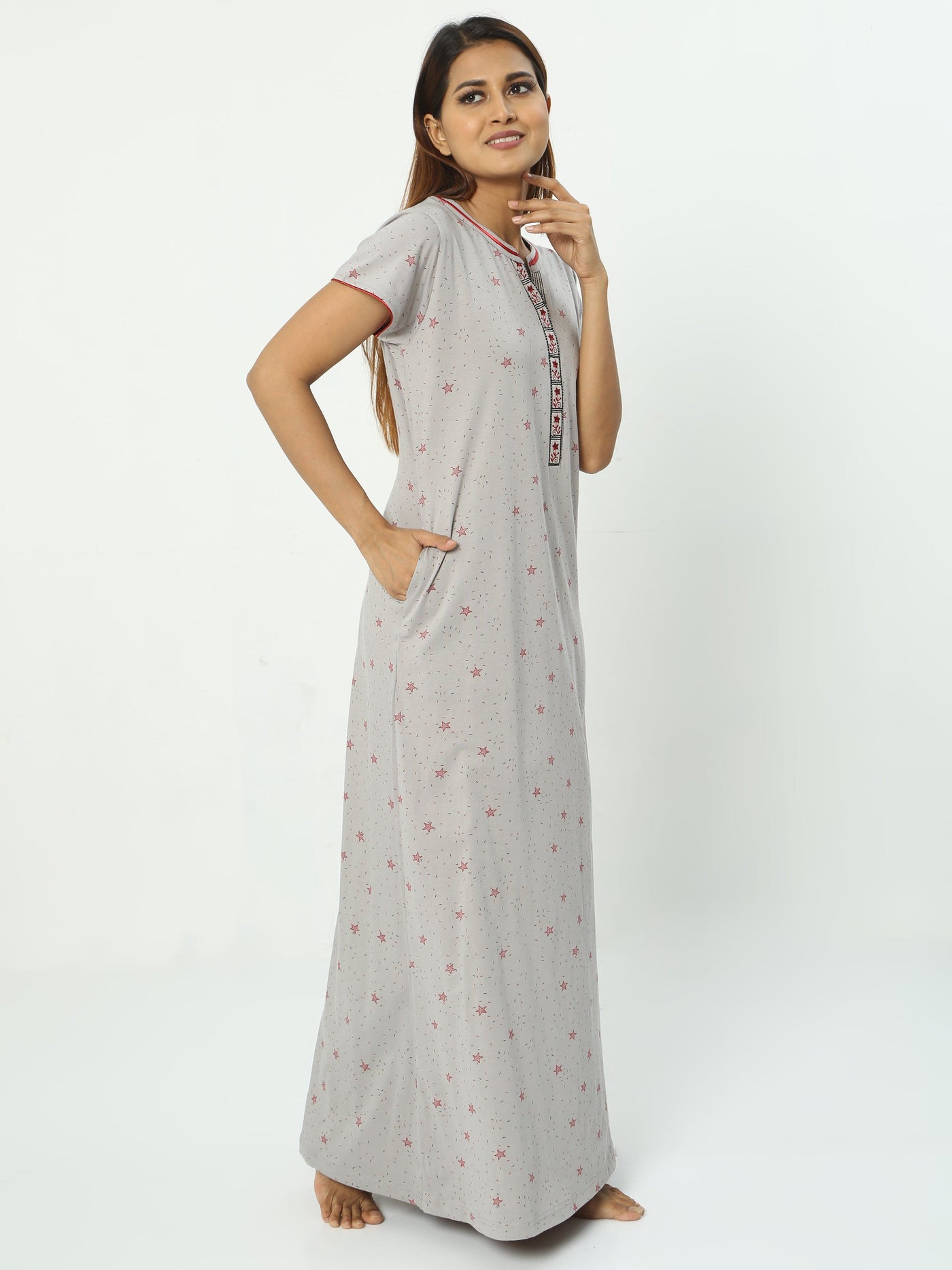 Hosiery Cotton Designer Nighty Grey